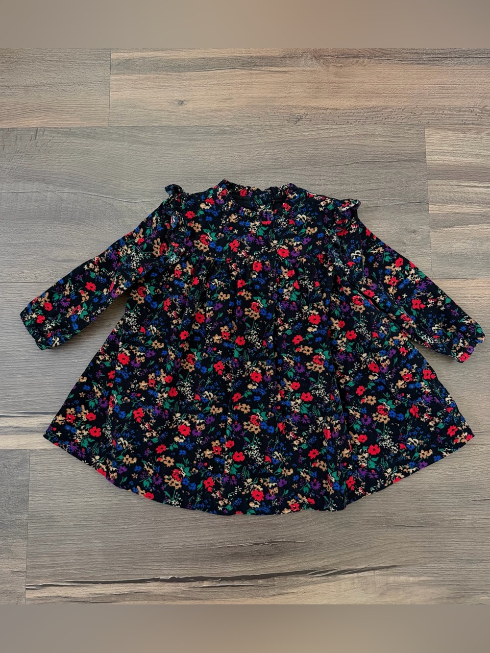Baby Gap Corduroy Floral Print Black Long Sleeve Dress 12-18 Months